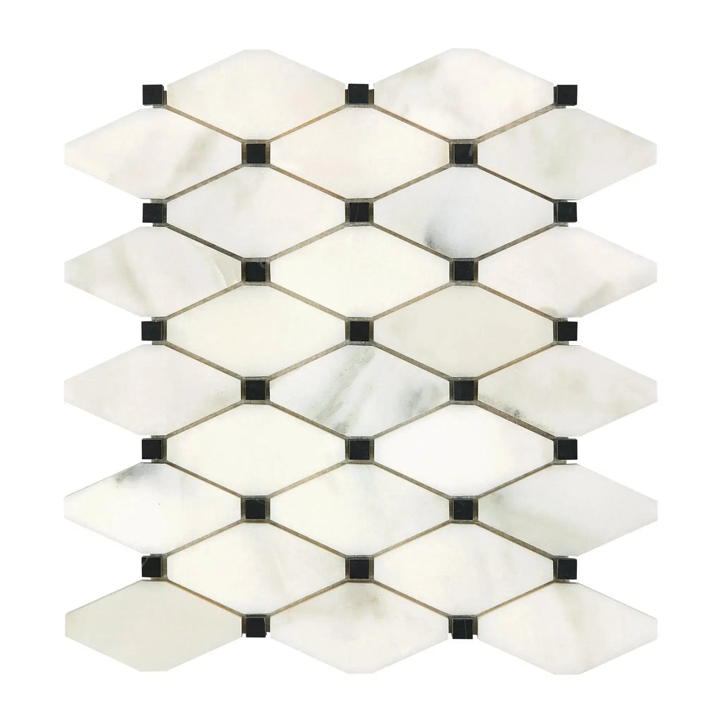 Calacatta Oliva Marble Octave tile featuring diamond-patterned mosaic with black accents