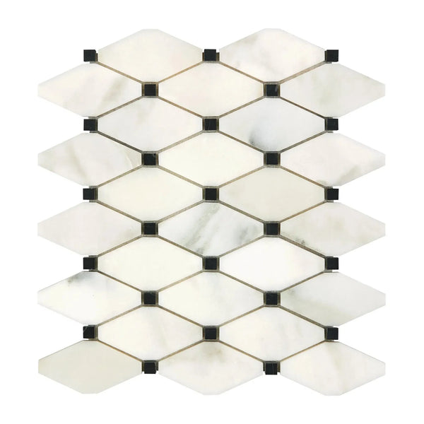 Calacatta Oliva Marble Octave tile featuring diamond-patterned mosaic with black accents