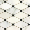 White marble tile with black square accents and silver grout in Calacatta Oliva design