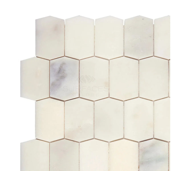 Calacatta Oliva Marble Picket Mosaic Tile featuring white elongated hexagon tiles