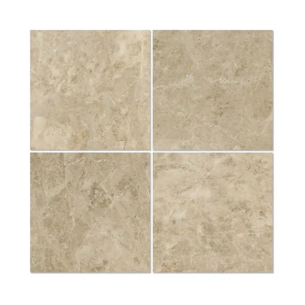 Four beige Cappuccino Marble 12X12 polished tiles arranged aesthetically