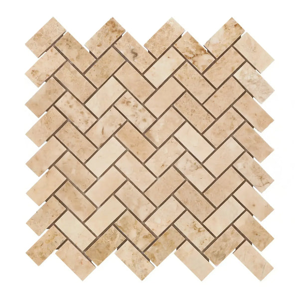 Beige Herringbone Mosaic Tile in Cappuccino Marble 1X2 Polished Finish