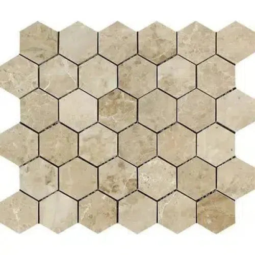 Beige hexagonal marble mosaic tile in Cappuccino Marble 2 inch polished finish