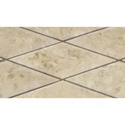 Diamond-patterned beige tile in Cappuccino Marble 3X6 Deep-Beveled Mosaic Tile