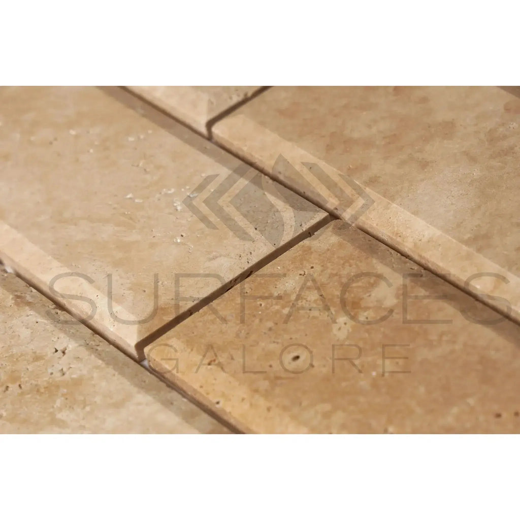 Beige Travertine tile flooring in Cappuccino Marble 3X6 Deep-Beveled Polished finish