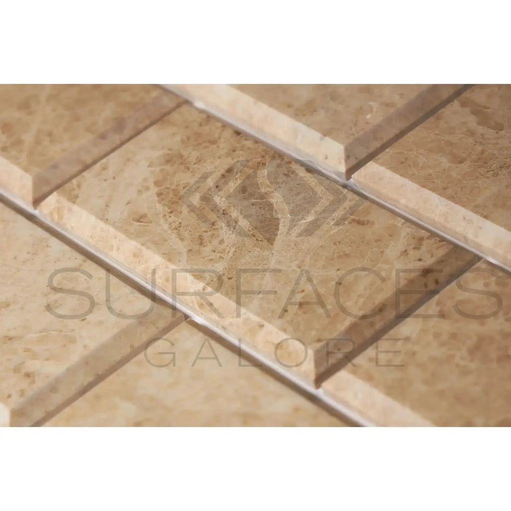 Beveled tan marble tiles of Cappuccino Marble 3X6 Deep-Beveled Polished design