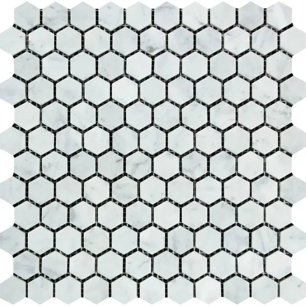 Carrara White 1 inch Hexagon Mosaic Marble Tile in polished or honed finish