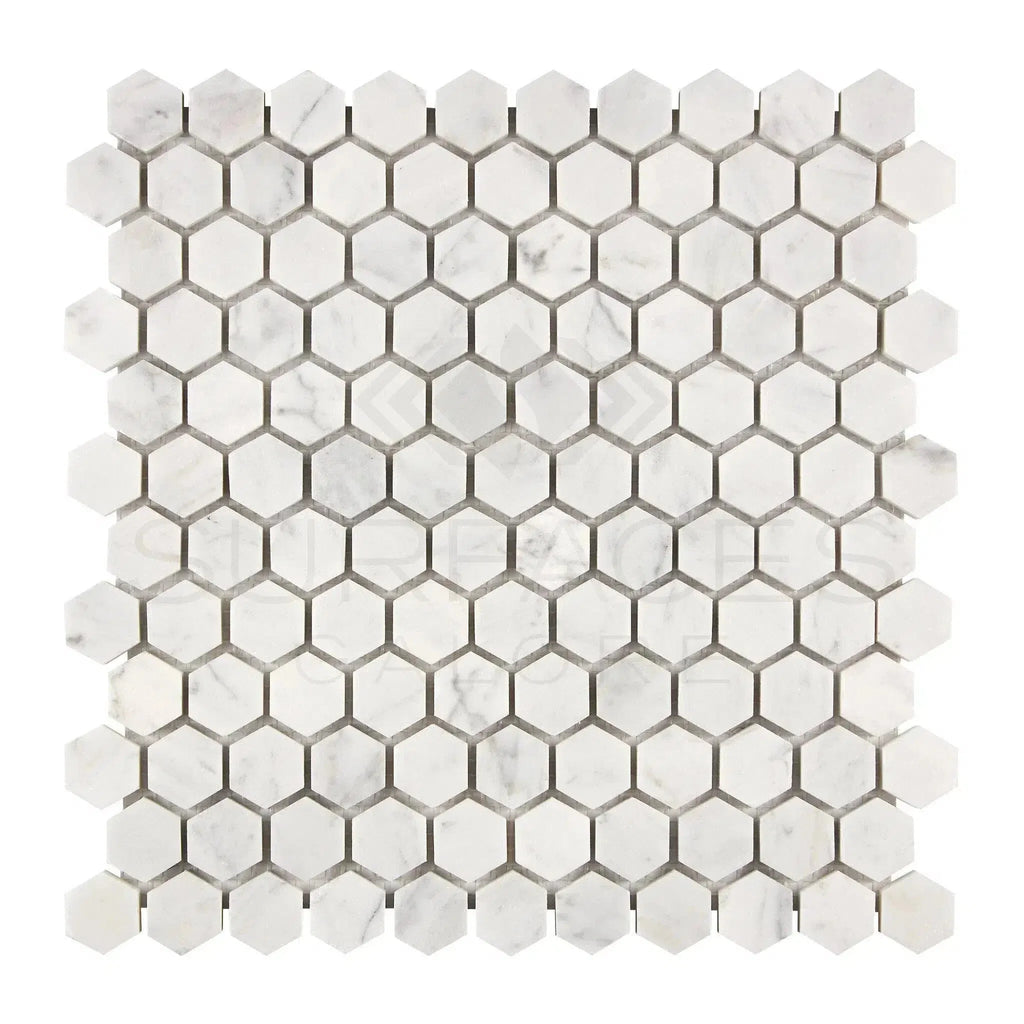 Carrara White 1 Inch Hexagon Mosaic Marble Tile in Polished or Honed Finish