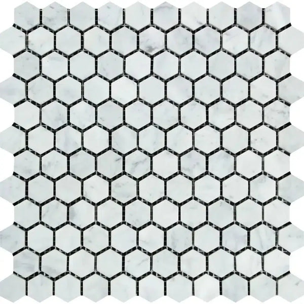 Carrara White 1 Inch Hexagon Mosaic Marble Tile Polished or Honed in white marble