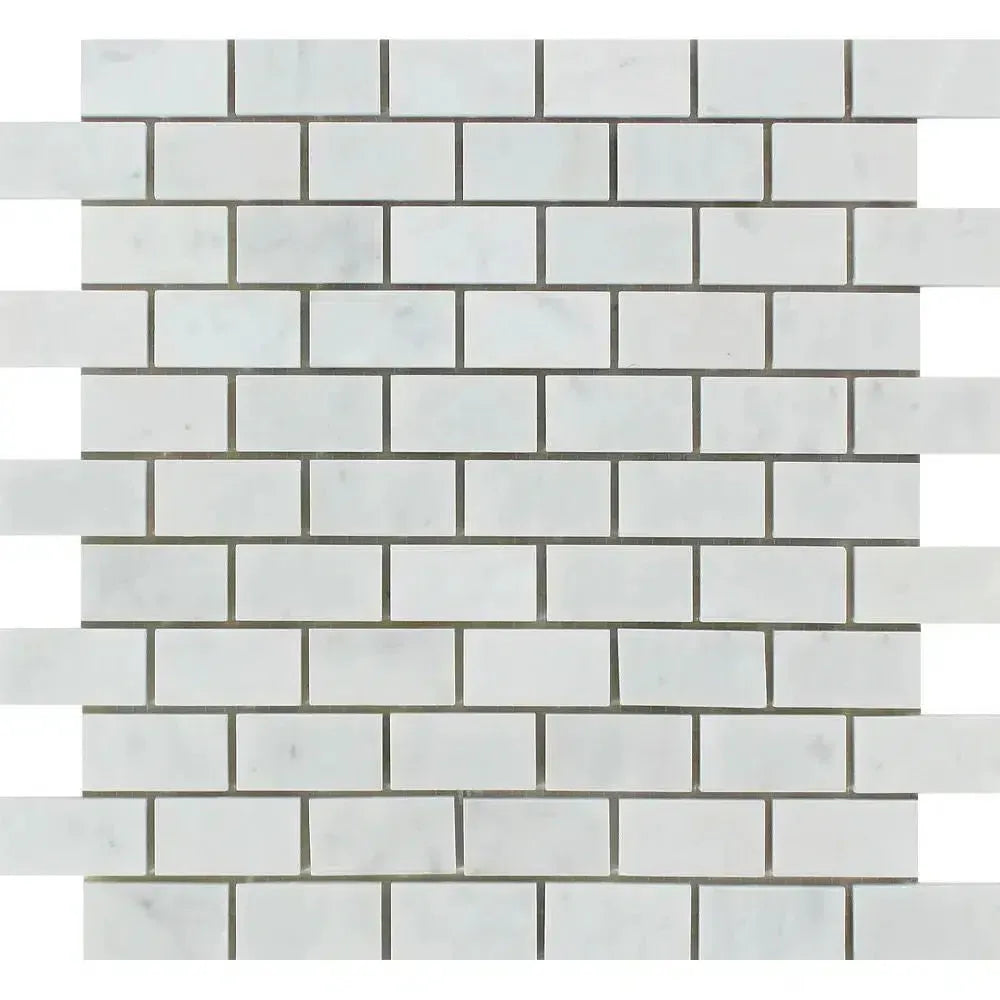 Carrara White 1X2 Brick Mosaic Marble Tile showcasing polished and honed white brick pattern