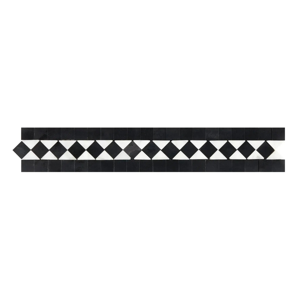 Black and white mosaic tile border of Carrara White 2X12 BIAS Border Polished or Honed