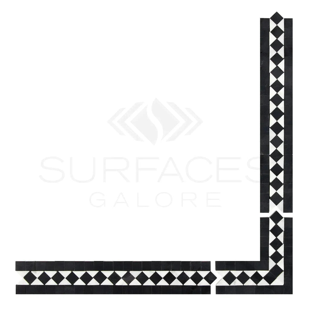 Black and white mosaic tile border in Carrara White 2X12 Bias Border, polished or honed