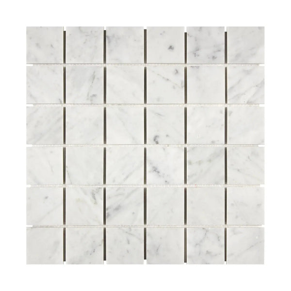 Carrara White 2X2 Mosaic Marble Tile in polished or honed finish on display