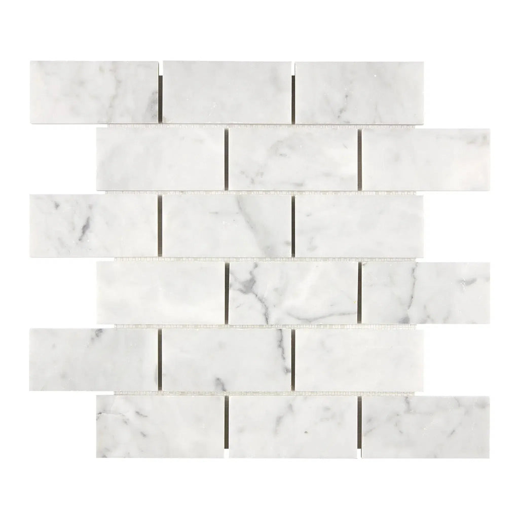 Carrara White 2X4 Brick Mosaic Marble Tile in polished and honed finish for elegant decor