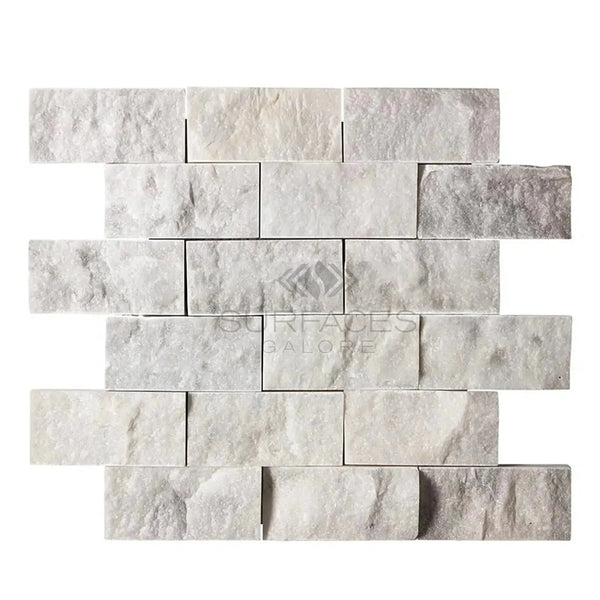 Carrara White 2X4 Brick Mosaic Marble Tile Split-Faced in white and gray stacked stone