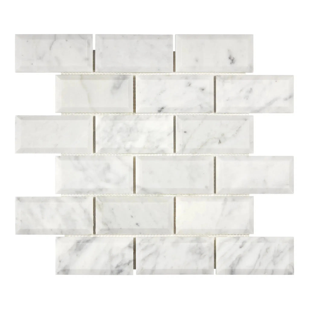 Carrara White 2X4 Deep-Beveled Brick Mosaic Marble Tile Polished-Honed in white marble