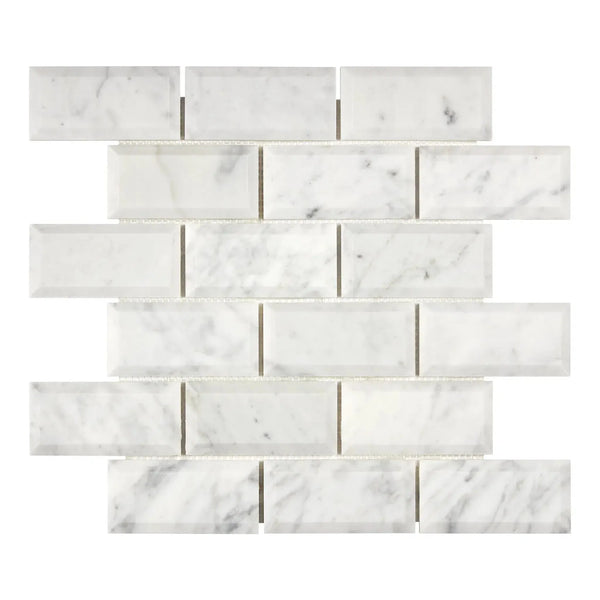 Carrara White 2X4 Deep-Beveled Brick Mosaic Marble Tile Polished-Honed in white marble