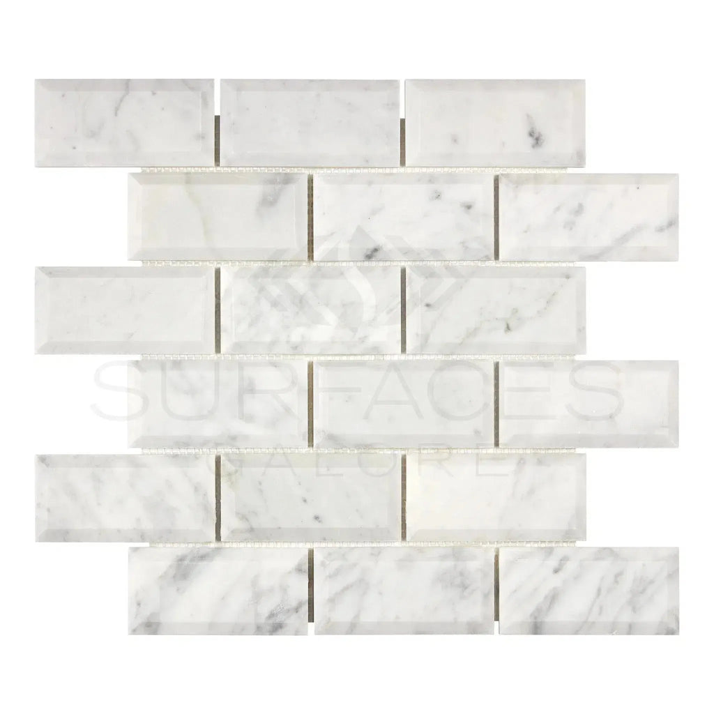 Carrara White 2X4 Deep-Beveled Brick Mosaic Marble Tile in polished honed finish