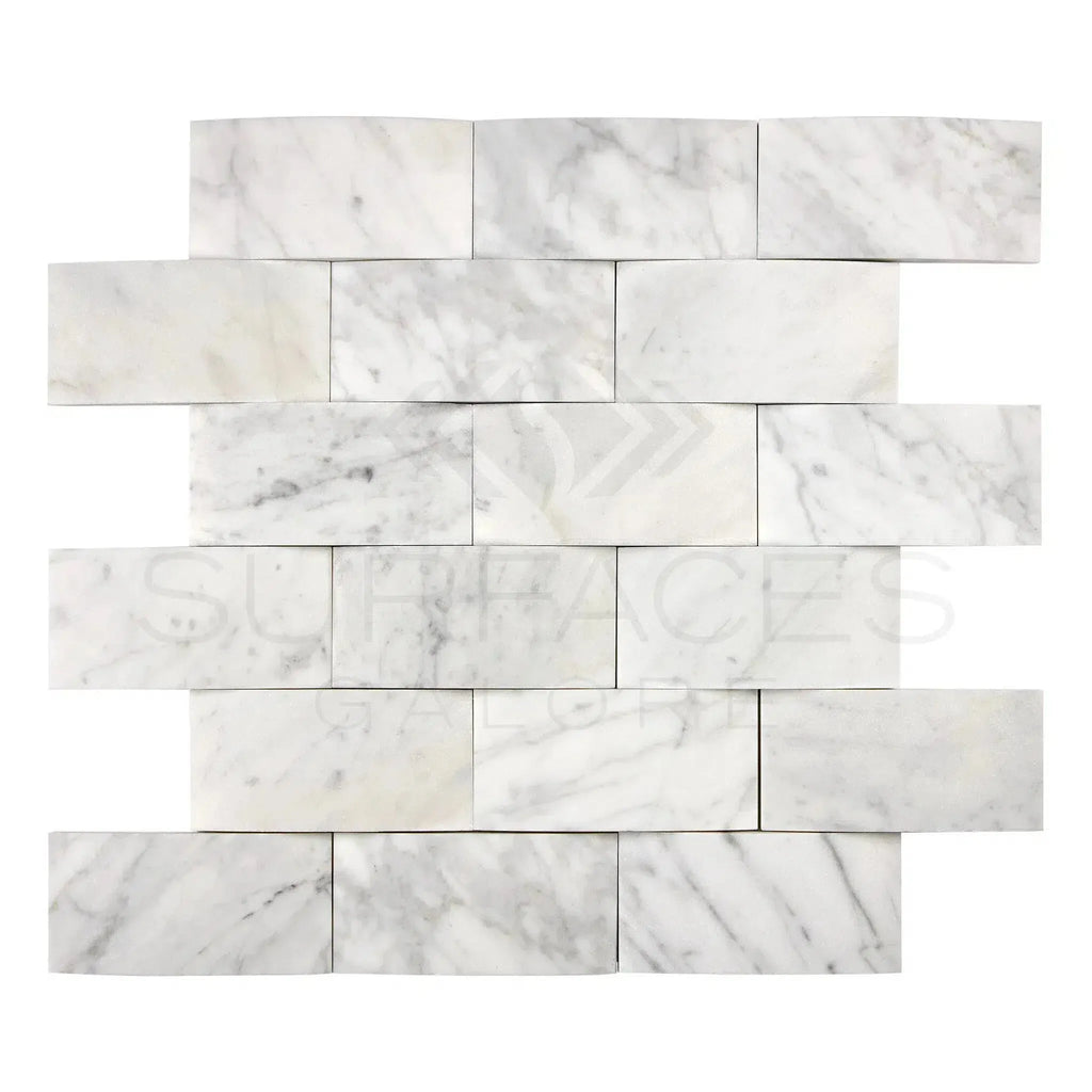 White marble brick mosaic featuring Carrara White 2X4 Round-Faced Tile design