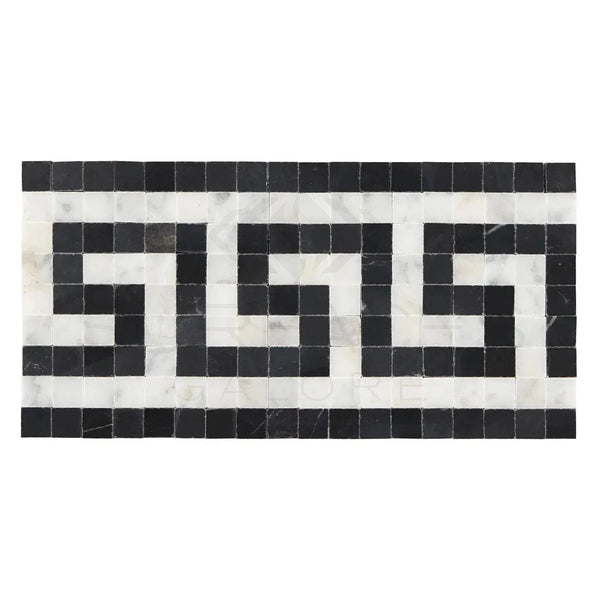 Black and white mosaic tile border for Carrara White Greek Key Border product