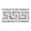 Mosaic tile sheet featuring Carrara White Greek Key Border with Blue-Gray accents