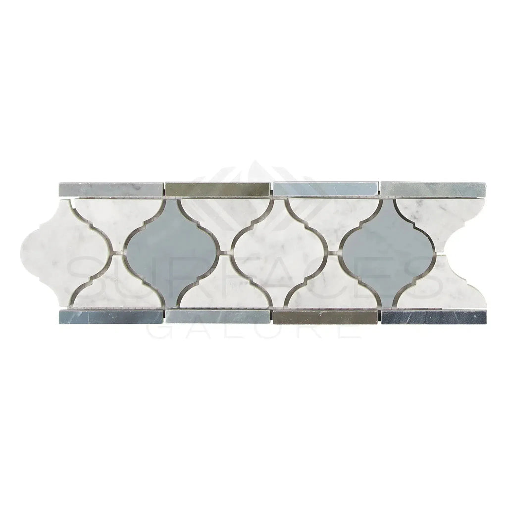 Decorative marble tile border featuring Carrara White with blue-gray accents