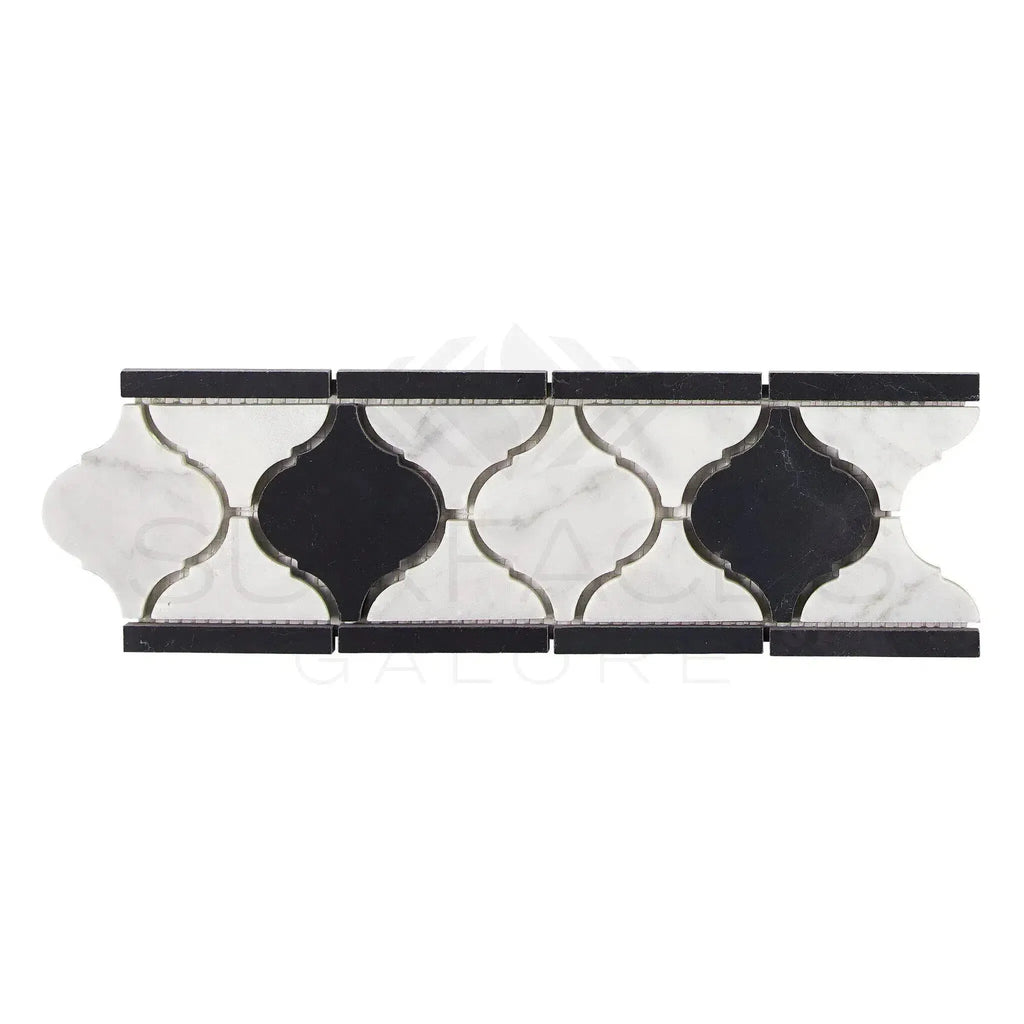 Black and white marble tile border in Carrara White Lantern polished luxury design