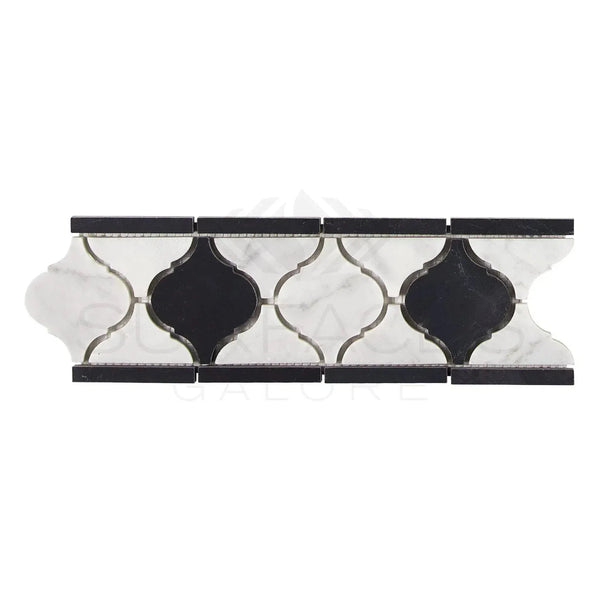 Black and white marble tile border in Carrara White Lantern polished luxury design