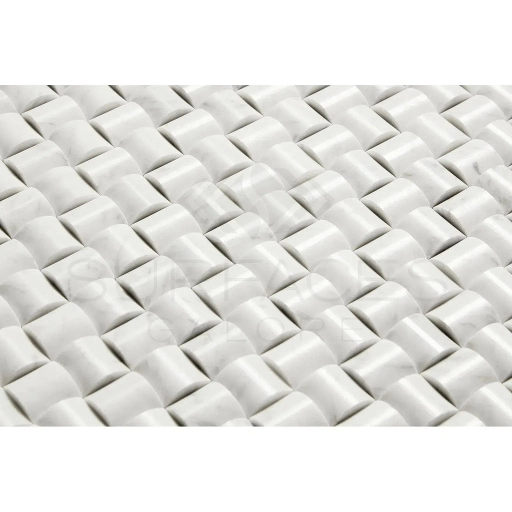 White marble basketweave mosaic tile from Carrara White 3-D Small-Bread collection