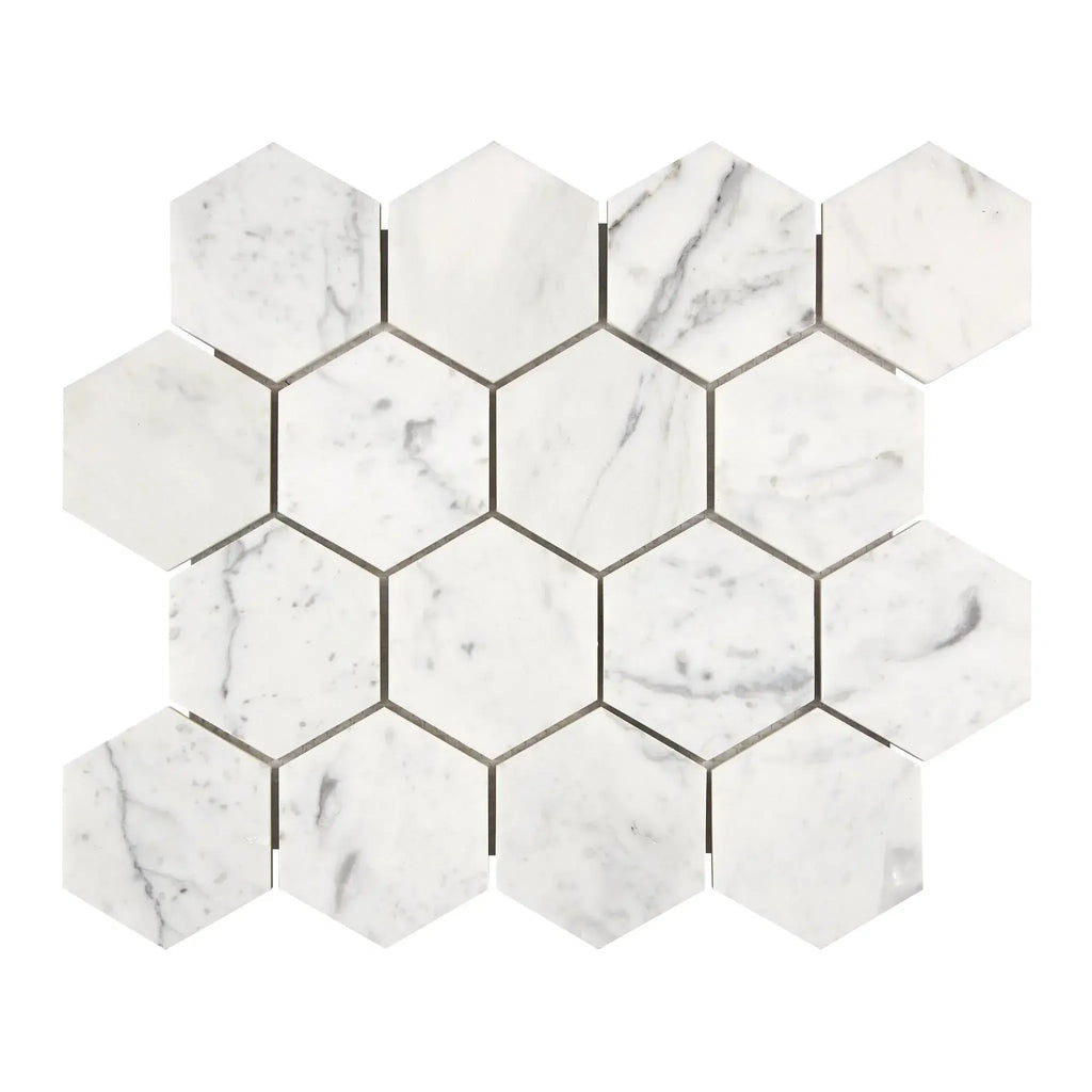 Carrara White 3 inch Hexagon Mosaic Marble Tile in polished and honed finish