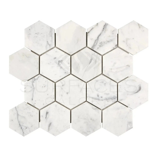 Carrara White 3 inch Hexagon Mosaic Marble Tile in polished or honed finish