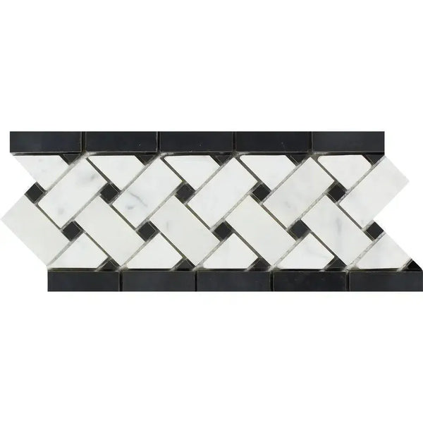 Black and white herringbone mosaic tile from Carrara White Basketweave with Black Border