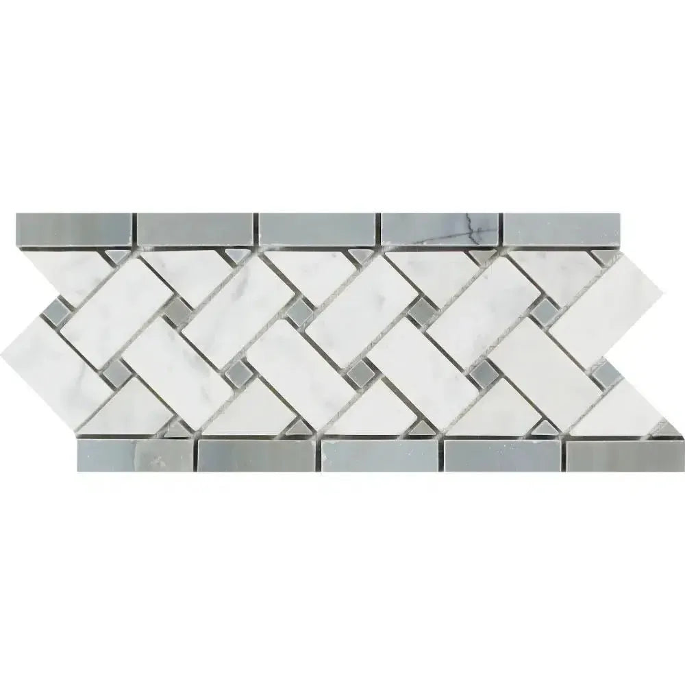 Herringbone marble mosaic tile border in Carrara White 4 3/4X12 Basketweave design