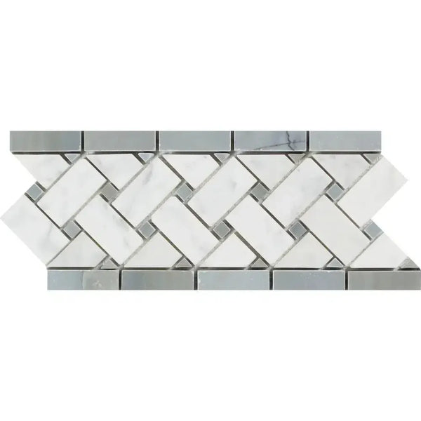 Herringbone marble mosaic tile border in Carrara White 4 3/4X12 Basketweave design