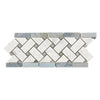 Herringbone mosaic tile border of Carrara White Basketweave with Blue-Gray accents