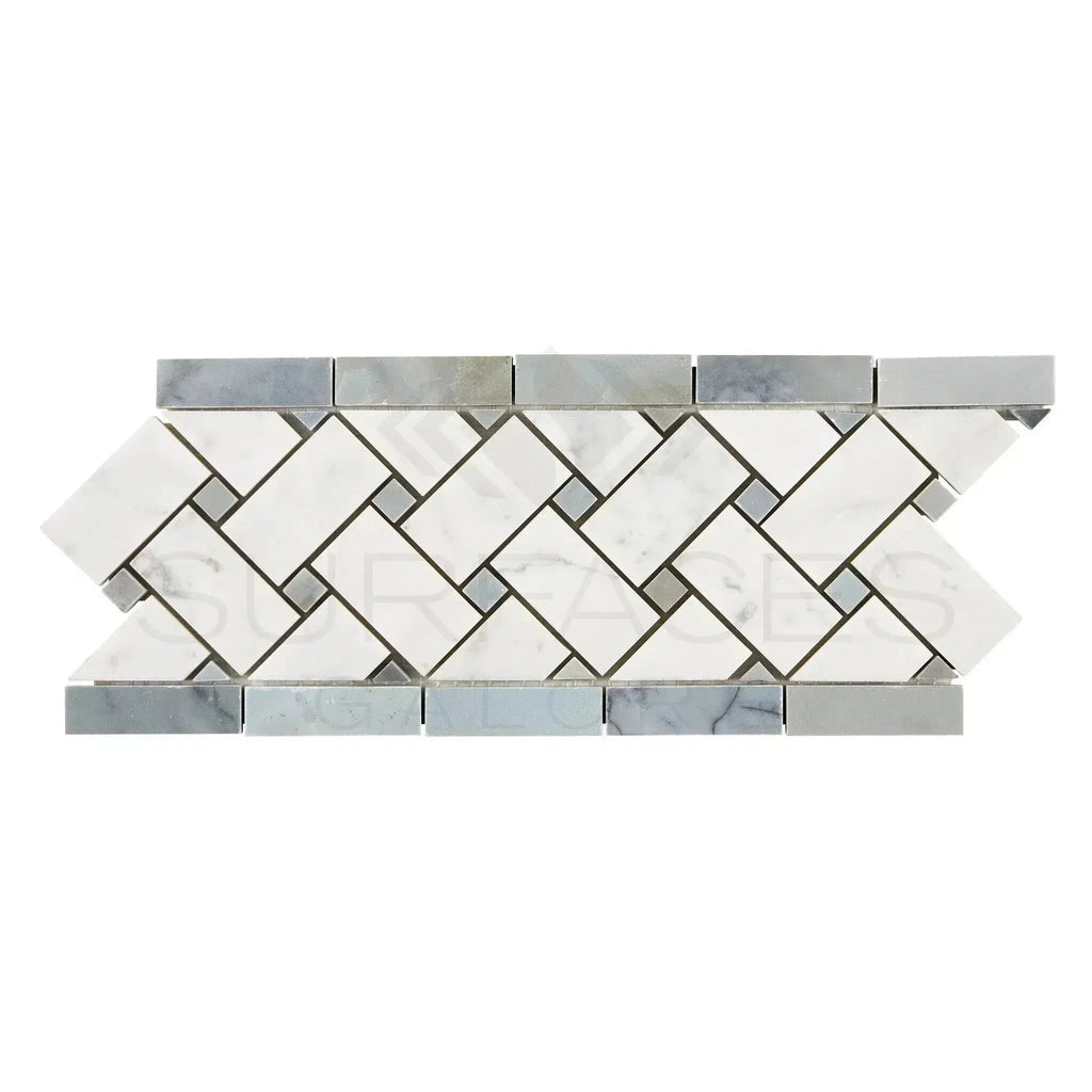 Herringbone mosaic tile border of Carrara White Basketweave with Blue-Gray accents