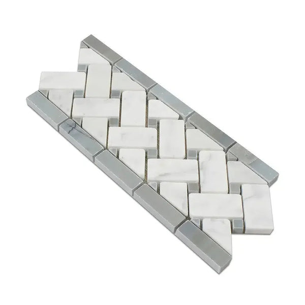 Carrara White 4 3/4X12 Basketweave Marble Mosaic Tile with Blue-Gray Border