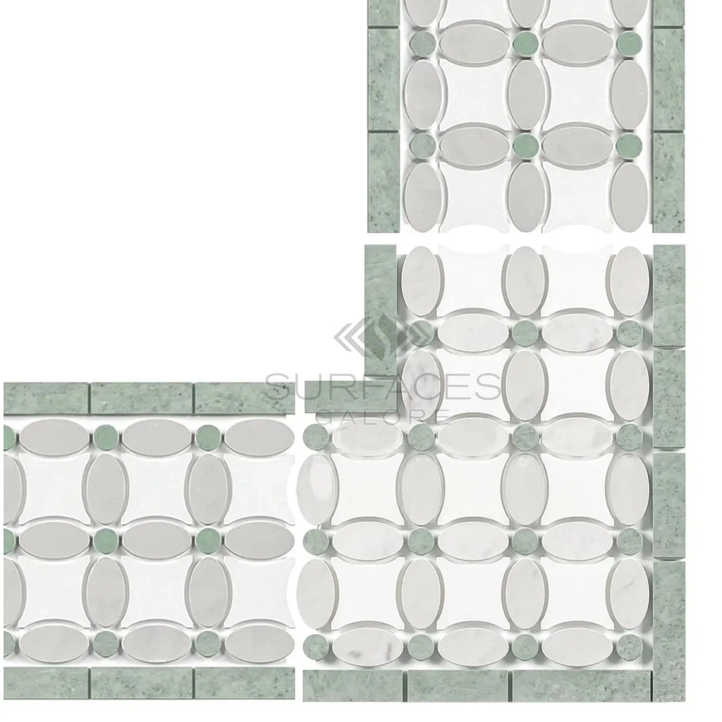 Mosaic tile corner of Carrara White Florida Flower Border in polished finish