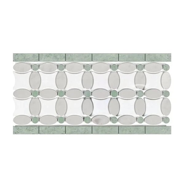 Decorative mosaic tile border featuring Carrara White and Ming Green accents