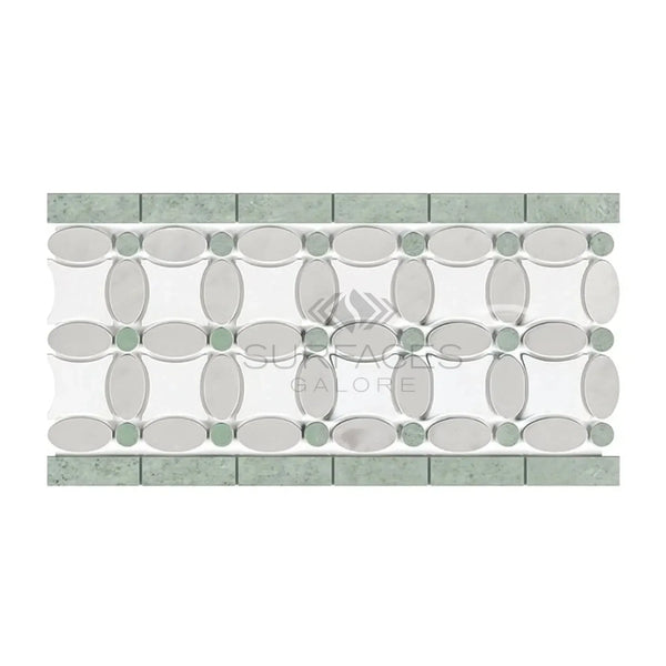 Decorative mosaic tile border featuring Carrara White, Thassos, and Ming Green hues