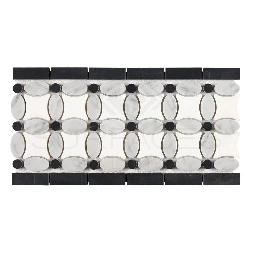 Carrara White Decorative Marble Mosaic Tile with Thassos, Black Dots, Polished Finish