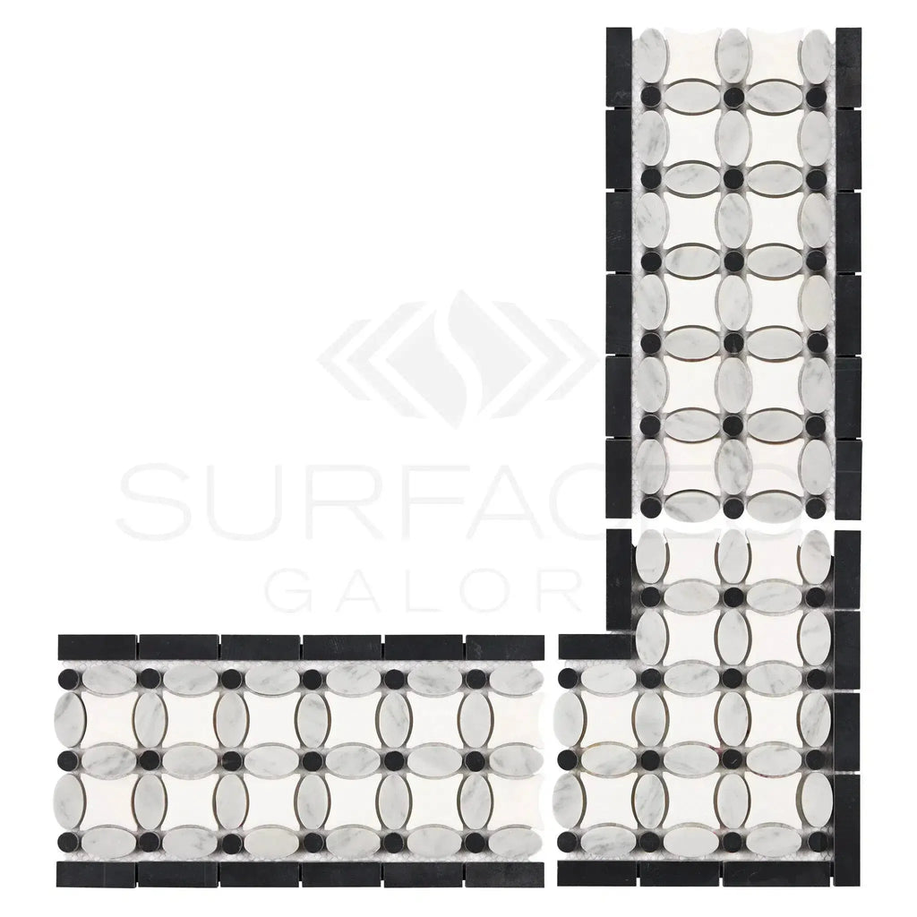 Black and white mosaic tile border of Carrara White Florida Flower design