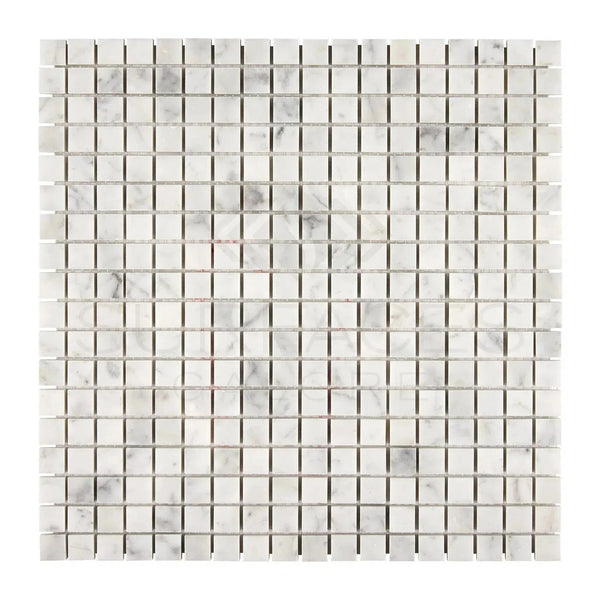 Square marble mosaic tile sheet in Carrara White 5/8X5/8 polished or honed finish