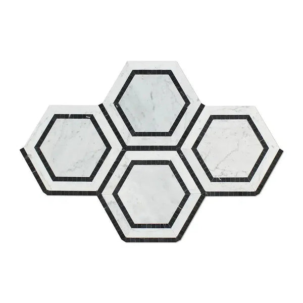 Carrara White 5-inch hexagon combination mosaic marble tile with black accents