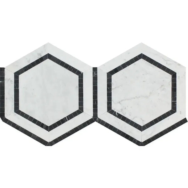 Two white marble hexagons with black borders in Carrara White 5’’ Hexagon Tile