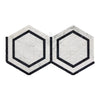 Two hexagonal Carrara White marble tiles with black borders in polished finish