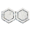 Interlocking hexagon marble mosaic tile in Carrara White with Blue-Gray accents