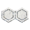 Interlocking hexagon marble mosaic tiles in Carrara White with Blue-Gray accents