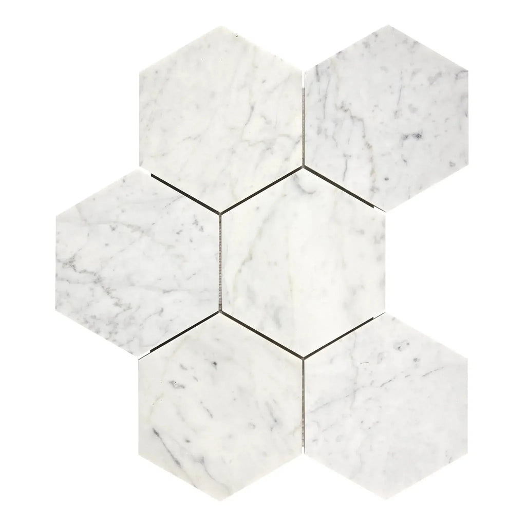 Carrara White 5-inch Hexagon Mosaic Marble Tile in polished or honed finish