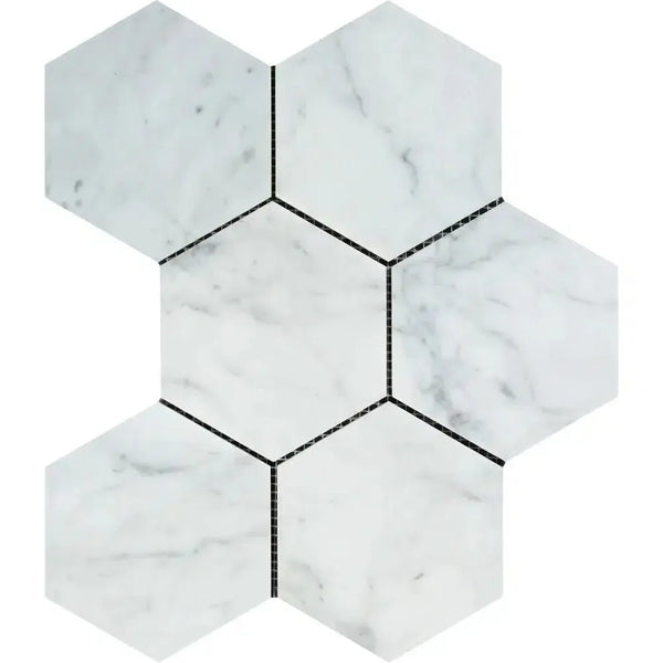 Hexagonal marble tile mosaic featuring Carrara White 5 inch polished or honed finish